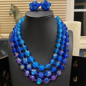 Western Germany  3 Strand Blue Beaded Necklace and Earring Set